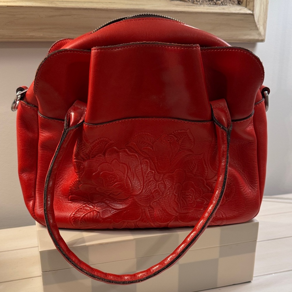Patricia Nash Ashford Crossbody 
Red Floral Embossed Leather Tote Bag